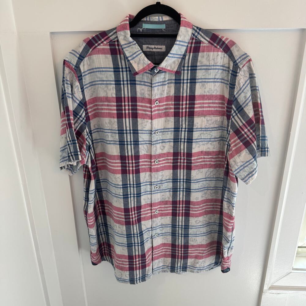 Tommy Bahama Men's 100% Cotton Red Blue Plaid Floral Casual Camp Shirt Size XL